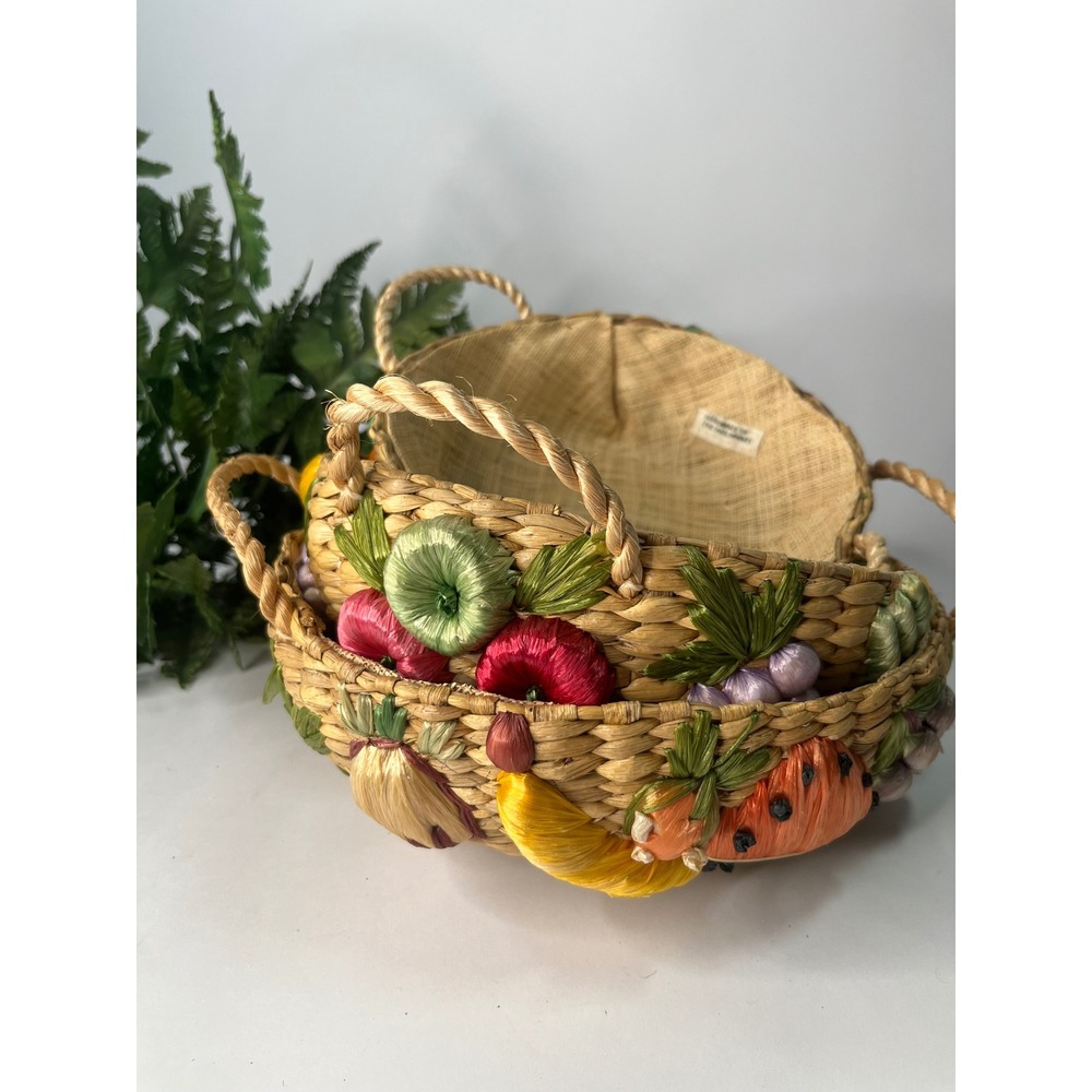 Handmade Floral Raffia Pan Holder Fruit Motif Handmade Colorful Basket Lot Of 3